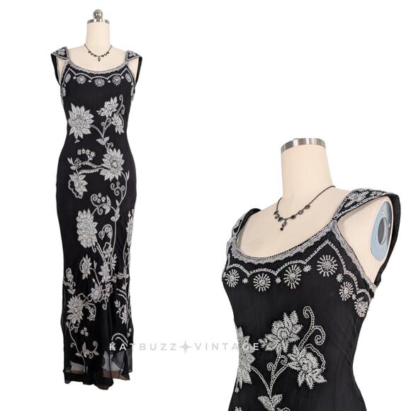 Adrianna Papell Dresses & Skirts - Vtg Papell Prom Dress Maxi Gown 12 Black White Silk Floral Fairy Goth 90s Y2K